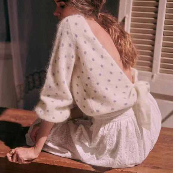 Sezane Sweaters - Sezane Cream Sweater with Light Blue Polka Dots